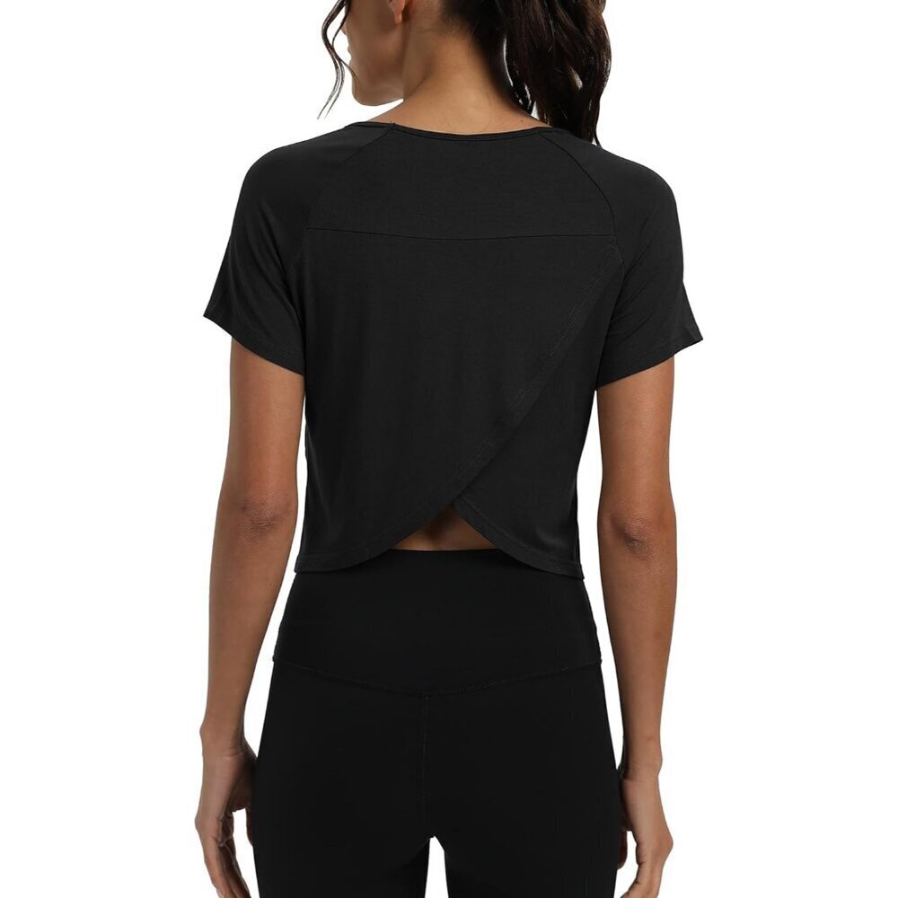 Women Workout Tops Cropped Split Back Athletic Gym Exercise Shirts Loose Fit